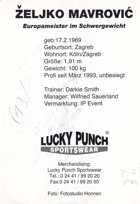 Autogramm Boxen | Zeljko MAVROVIC | 1990er (Portrait SW Lucky Punch)