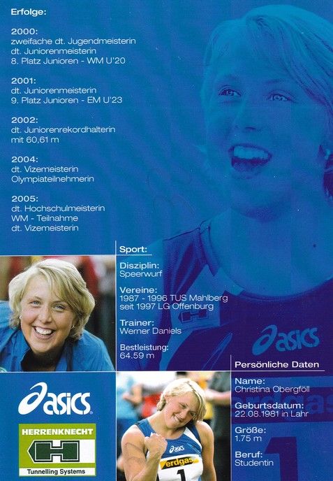 Autogramm Speerwurf | Christina OBERGFÖLL | 2006 (Portrait SW Asics) OS-Silber