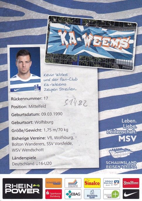Autogramm Fussball | MSV Duisburg | 2013 | Kevin WOLZE