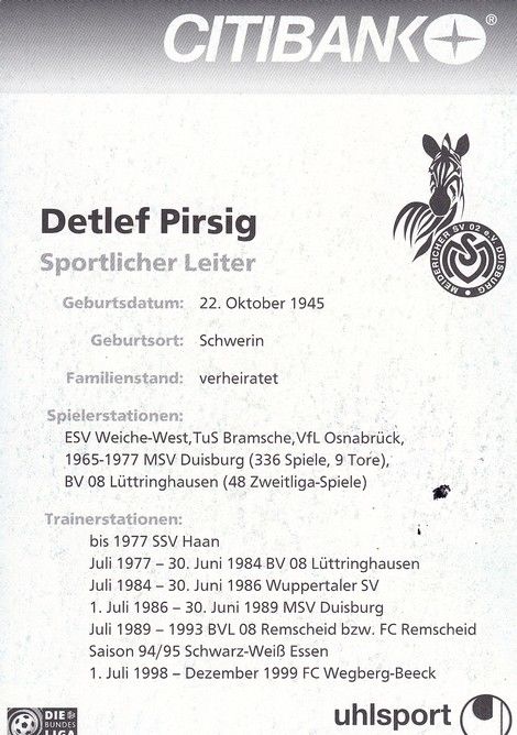 Autogramm Fussball | MSV Duisburg | 2001 | Detlef PIRSIG