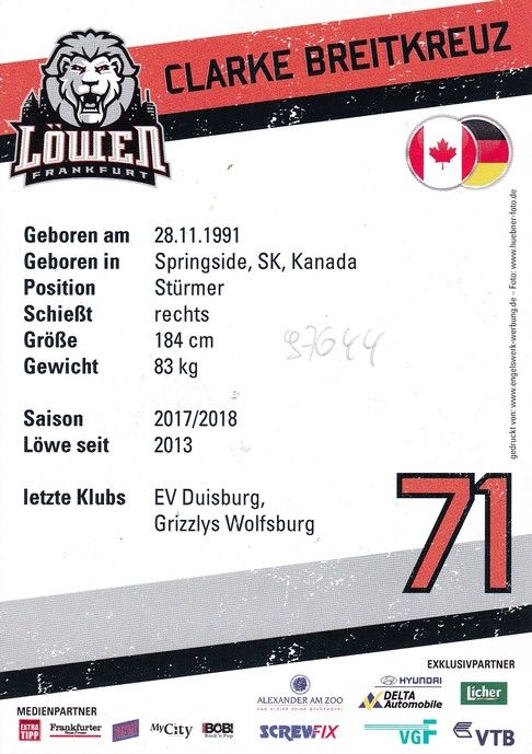Autogramm Eishockey | Löwen Frankfurt | 2017 | Clarke BREITKREUZ