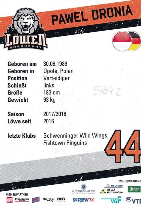 Autogramm Eishockey | Löwen Frankfurt | 2017 | Pawel DRONIA
