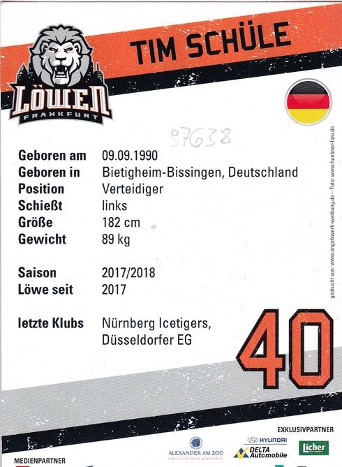 Autogramm Eishockey | Löwen Frankfurt | 2017 | Tim SCHÜLE