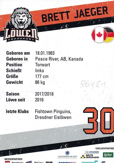 Autogramm Eishockey | Löwen Frankfurt | 2017 | Brett JAEGER