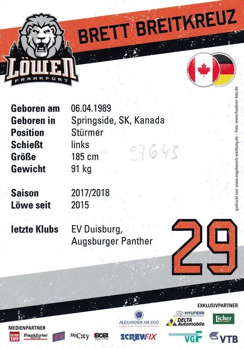 Autogramm Eishockey | Löwen Frankfurt | 2017 | Brett BREITKREUZ