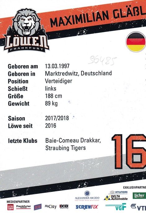 Autogramm Eishockey | Löwen Frankfurt | 2017 | Maximilian GLÄSSL