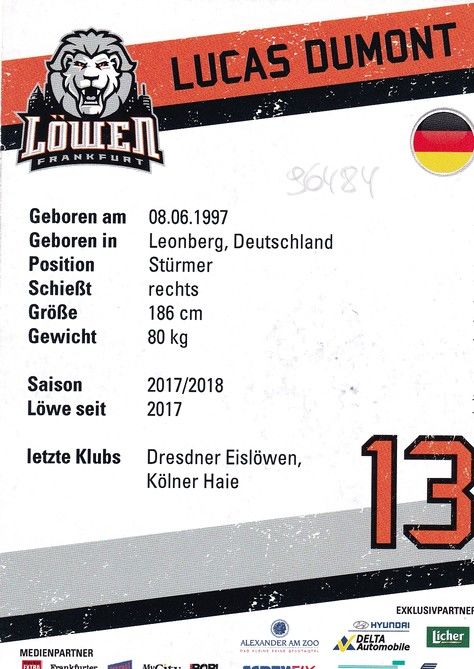 Autogramm Eishockey | Löwen Frankfurt | 2017 | Lucas DUMONT