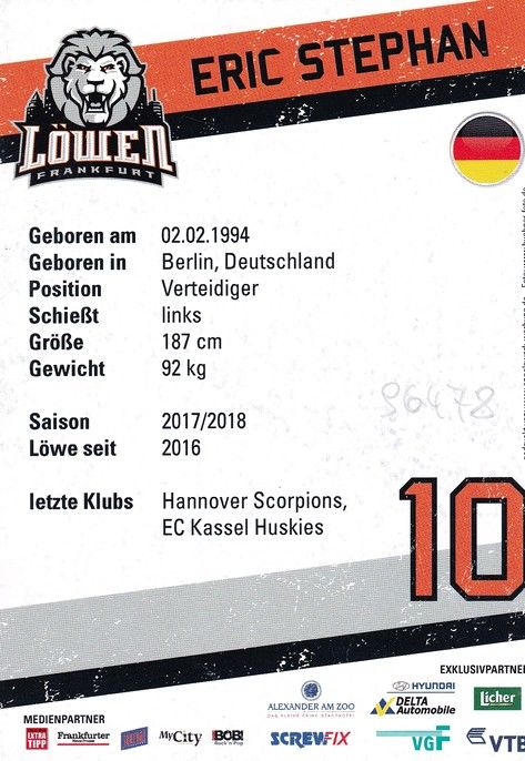 Autogramm Eishockey | Löwen Frankfurt | 2017 | Eric STEPHAN