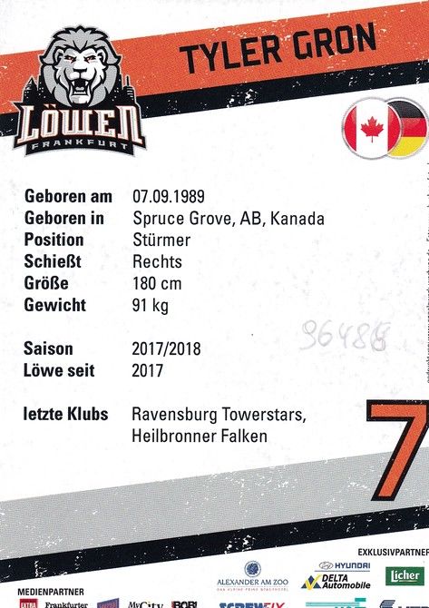Autogramm Eishockey | Löwen Frankfurt | 2017 | Tyler GRON