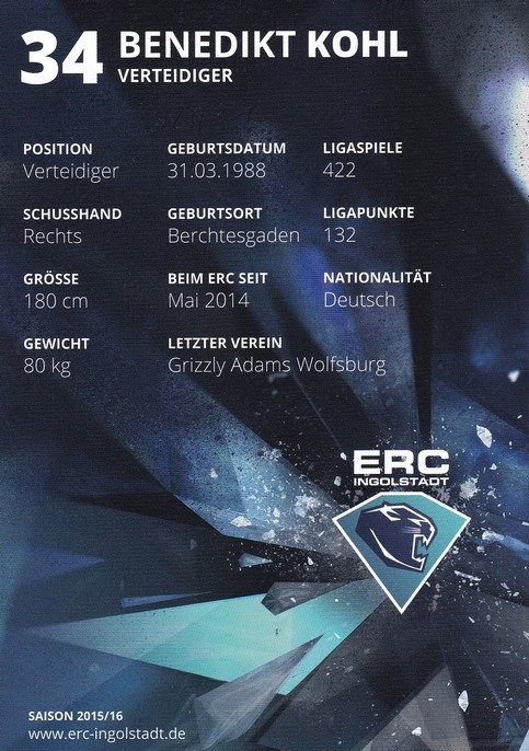 Autogramm Eishockey | ERC Ingolstadt | 2015 | Benedikt KOHL