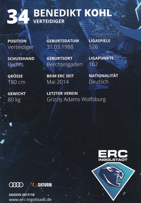 Autogramm Eishockey | ERC Ingolstadt | 2017 | Benedikt KOHL