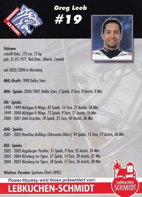 Autogramm Eishockey | Nürnberg Ice Tigers | 2005 | Greg LEEB