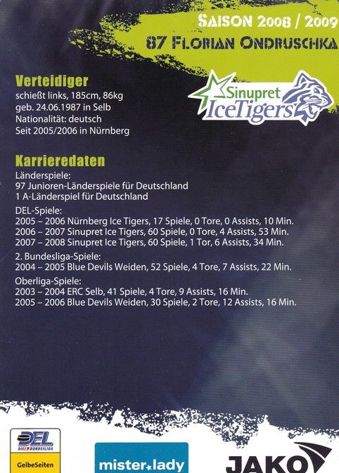 Autogramm Eishockey | Nürnberg Ice Tigers | 2008 | Florian ONDRUSCHKA