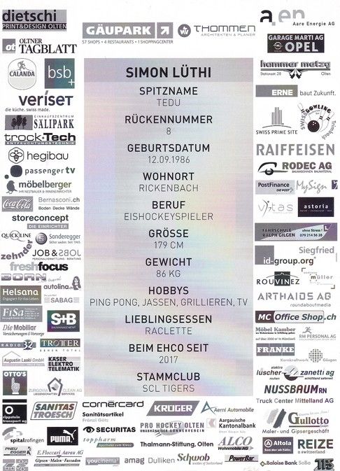 Autogramm Eishockey | EHC Olten | 2017 | Simon LÜTHI