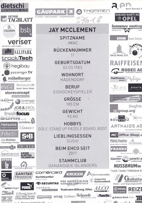 Autogramm Eishockey | EHC Olten | 2017 | Jay McCLEMENT