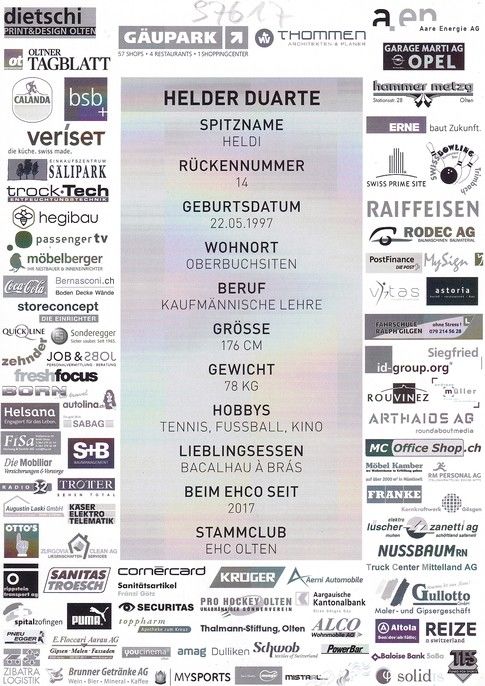 Autogramm Eishockey | EHC Olten | 2017 | Helder DUARTE