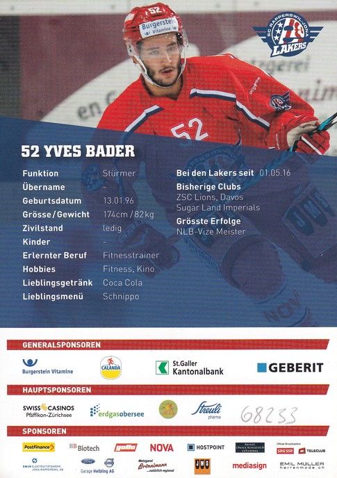 Autogramm Eishockey | SCRJ Lakers | 2016 | Yves BADER