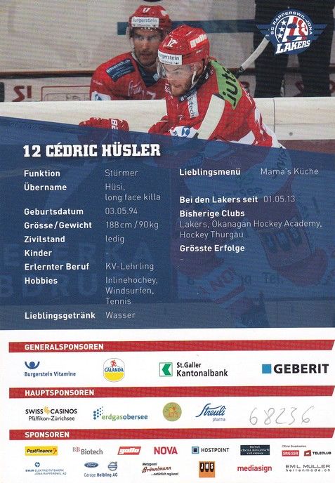 Autogramm Eishockey | SCRJ Lakers | 2016 | Cedric HÜSLER