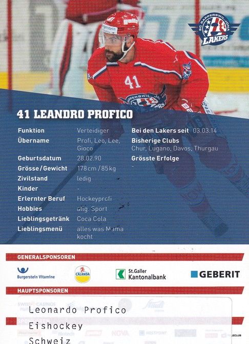 Autogramm Eishockey | SCRJ Lakers | 2016 | Leandro PROFICO