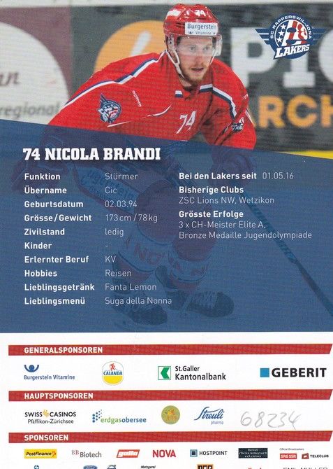 Autogramm Eishockey | SCRJ Lakers | 2016 | Nicola BRANDI