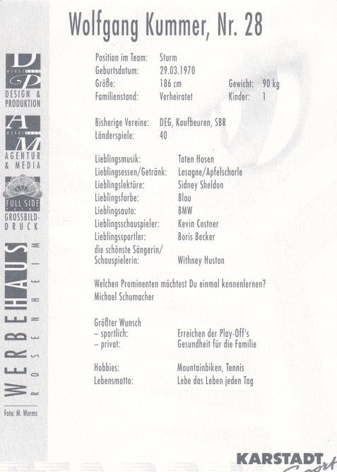 Autogramm Eishockey | Starbulls Rosenheim | 1990er | Wolfgang KUMMER