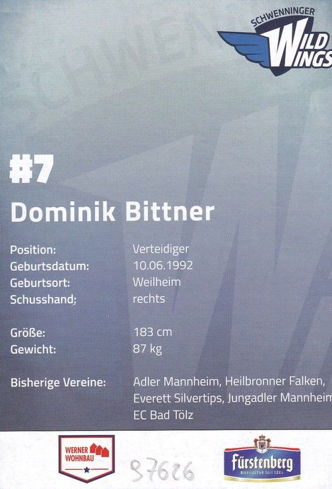 Autogramm Eishockey | Schwenninger Wild Wings | 2010er | Dominik BITTNER