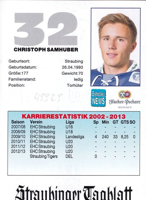 Autogramm Eishockey | Straubing Tigers | 2013 | Christoph SAMHUBER