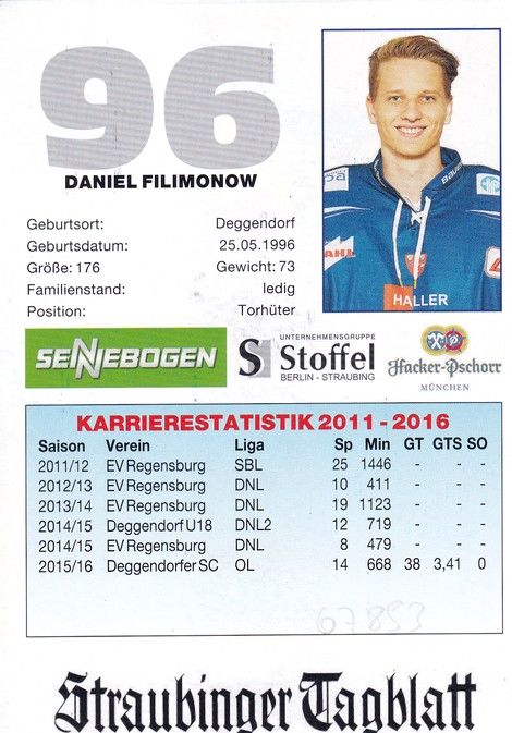 Autogramm Eishockey | Straubing Tigers | 2016 | Daniel FILIMONOW