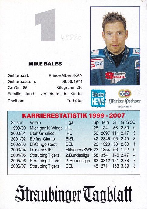 Autogramm Eishockey | Straubing Tigers | 2007 | Mike BALES