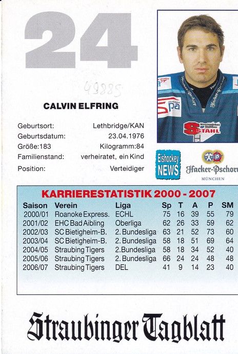 Autogramm Eishockey | Straubing Tigers | 2007 | Calvin ELFRING