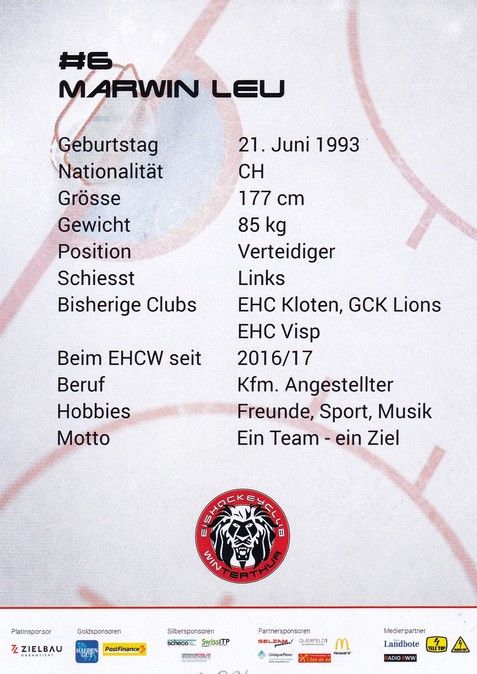 Autogramm Eishockey | EHC Winterthur | 2017 | Marwin LEU