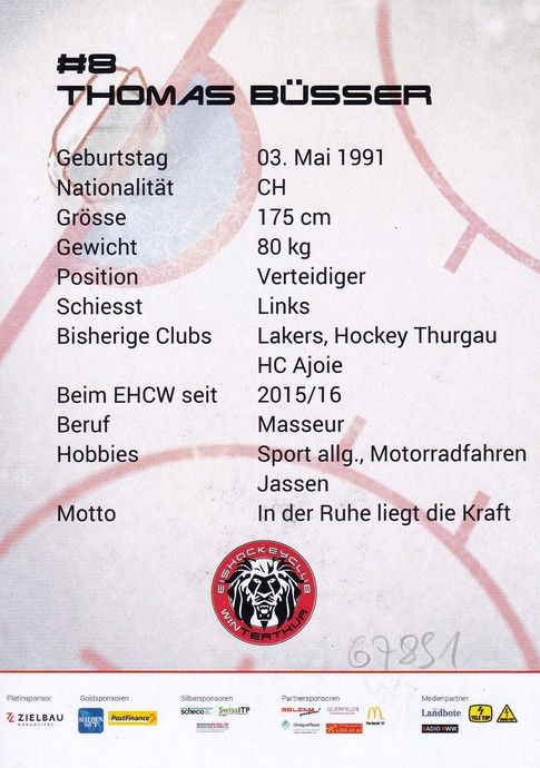 Autogramm Eishockey | EHC Winterthur | 2017 | Thomas BÜSSER