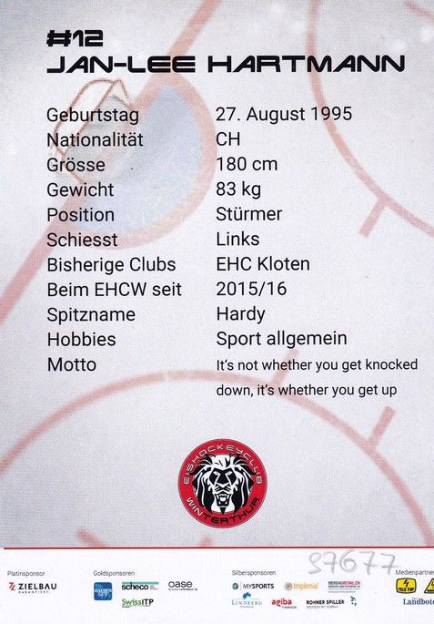 Autogramm Eishockey | EHC Winterthur | 2017 | Jan-Lee HARTMANN