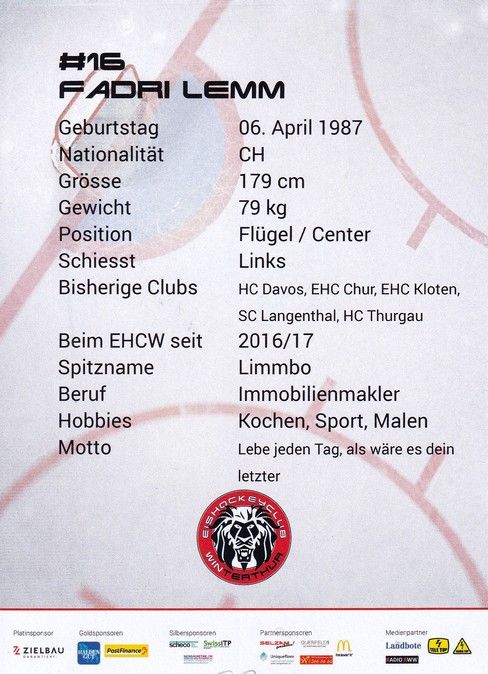Autogramm Eishockey | EHC Winterthur | 2017 | Fadri LEMM