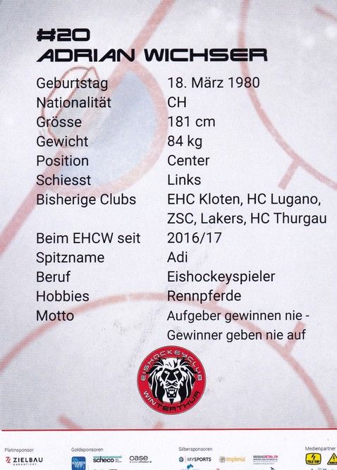 Autogramm Eishockey | EHC Winterthur | 2017 | Adrian WICHSER