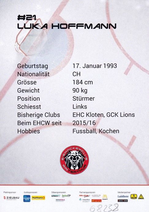Autogramm Eishockey | EHC Winterthur | 2017 | Luka HOFFMANN