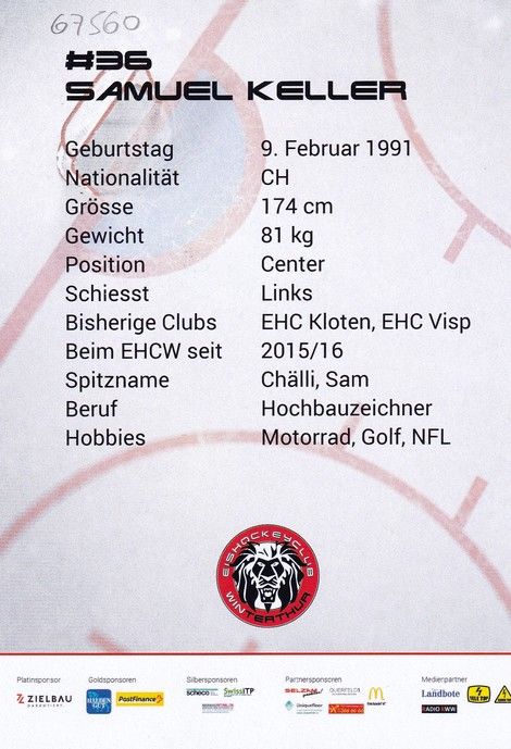 Autogramm Eishockey | EHC Winterthur | 2017 | Samuel KELLER