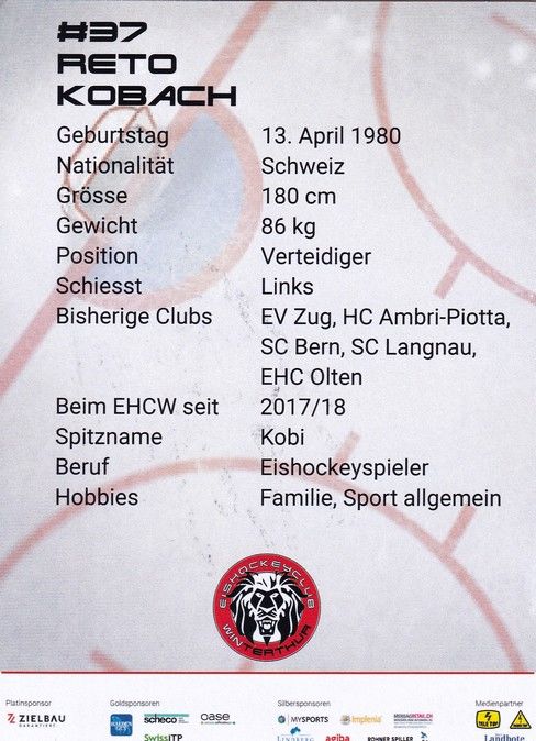 Autogramm Eishockey | EHC Winterthur | 2017 | Reto KOBACH