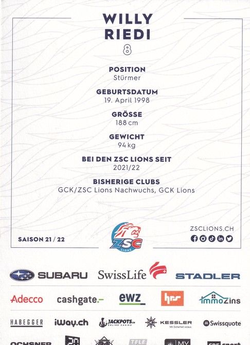 Autogramm Eishockey | ZSC Lions Zürich | 2021 | Willy RIEDI