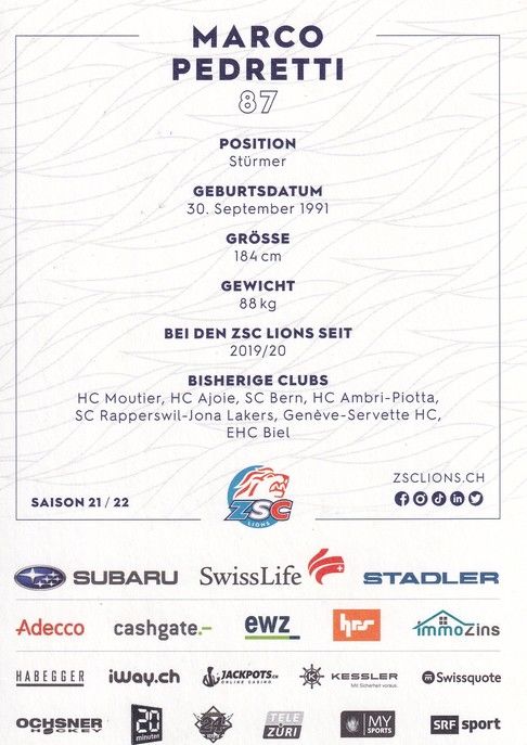 Autogramm Eishockey | ZSC Lions Zürich | 2021 | Marco PEDRETTI