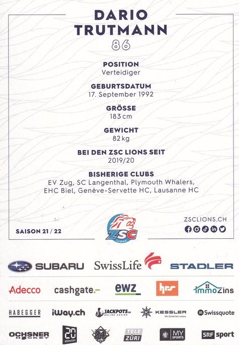 Autogramm Eishockey | ZSC Lions Zürich | 2021 | Dario TRUTMANN