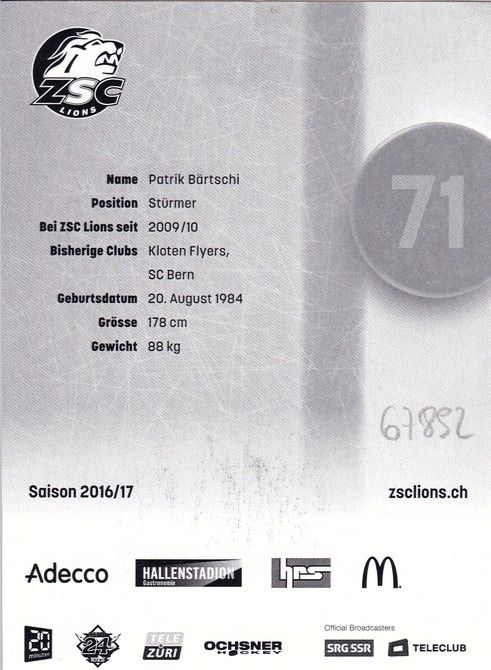 Autogramm Eishockey | ZSC Lions Zürich | 2016 | Patrik BÄRTSCHI
