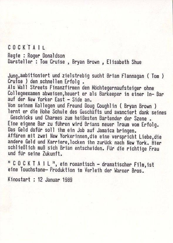 Autogramm Film (USA) | Tom CRUISE | 1989 Foto (Filmszene SW XL) "Cocktail"