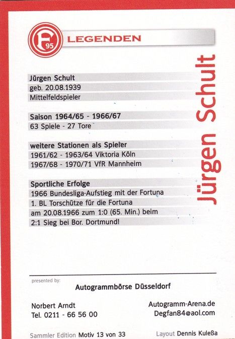 Autogramm Fussball | Fortuna Düsseldorf | 1960er Retro | Jürgen SCHULT (Legenden)