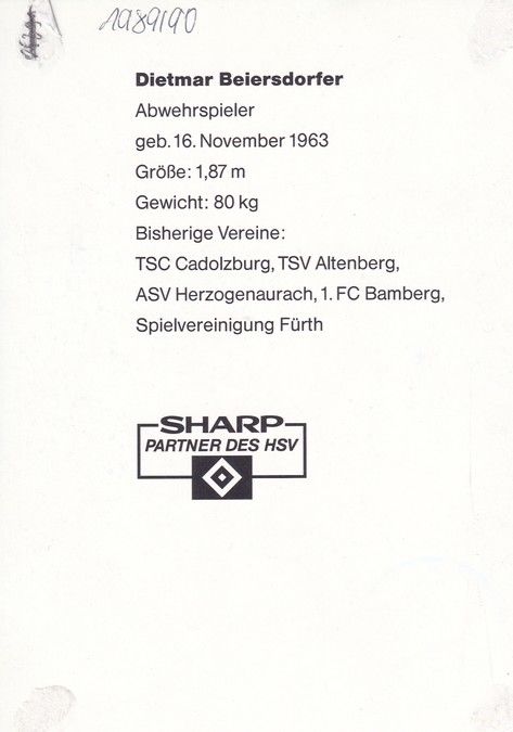 Autogramm Fussball | Hamburger SV | 1989 | Dietmar BEIERSDORFER