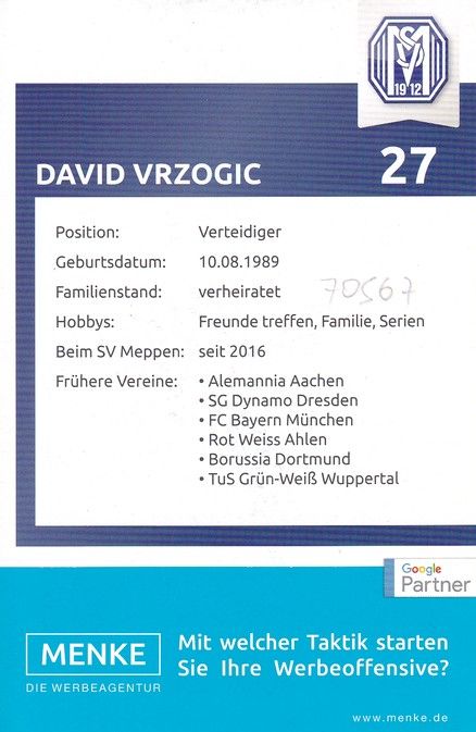 Autogramm Fussball | SV Meppen | 2010er | David VRZOGIC