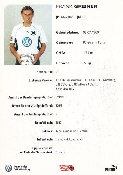 Autogramm Fussball | VfL Wolfsburg | 2002 | Frank GREINER