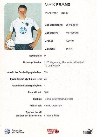 Autogramm Fussball | VfL Wolfsburg | 2002 | Maik FRANZ