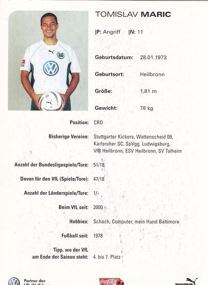 Autogramm Fussball | VfL Wolfsburg | 2002 | Tomislav MARIC