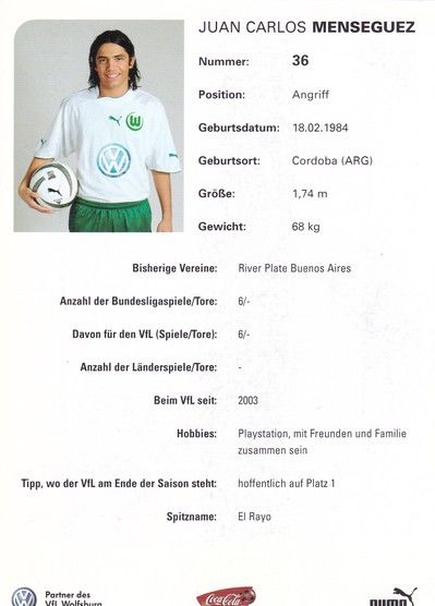 Autogramm Fussball | VfL Wolfsburg | 2003 | Juan Carlos MENSEGUEZ